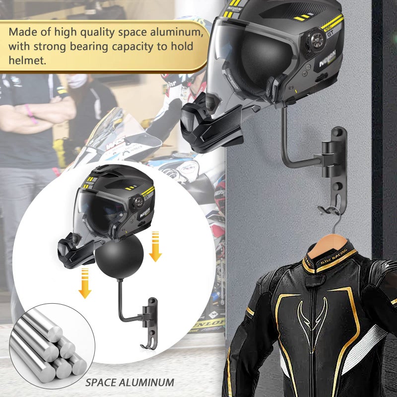 Kikerike Motorcycle Helmet Holder Wall Mount 180 Degree Rotation Metal Bike Helmet Rack Mount Bicycle Helmet Display Stand Hanger with 2 Hooks Accessories for Motorcycle Bike Baseball Rugby - Gray, 2 Pcs - Image 5